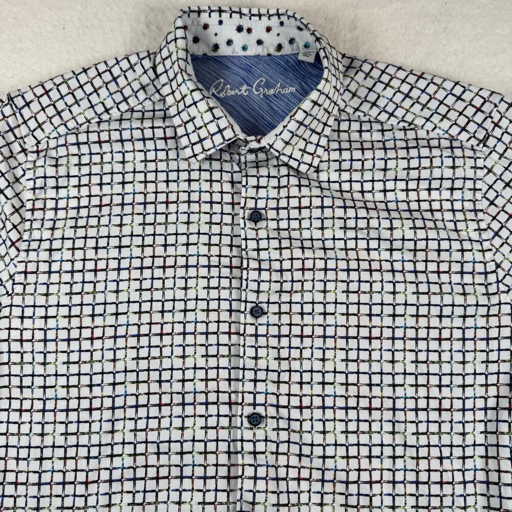 Robert Graham Shirt Mens Size XL White Check Short Sleeve Button Up Stretch